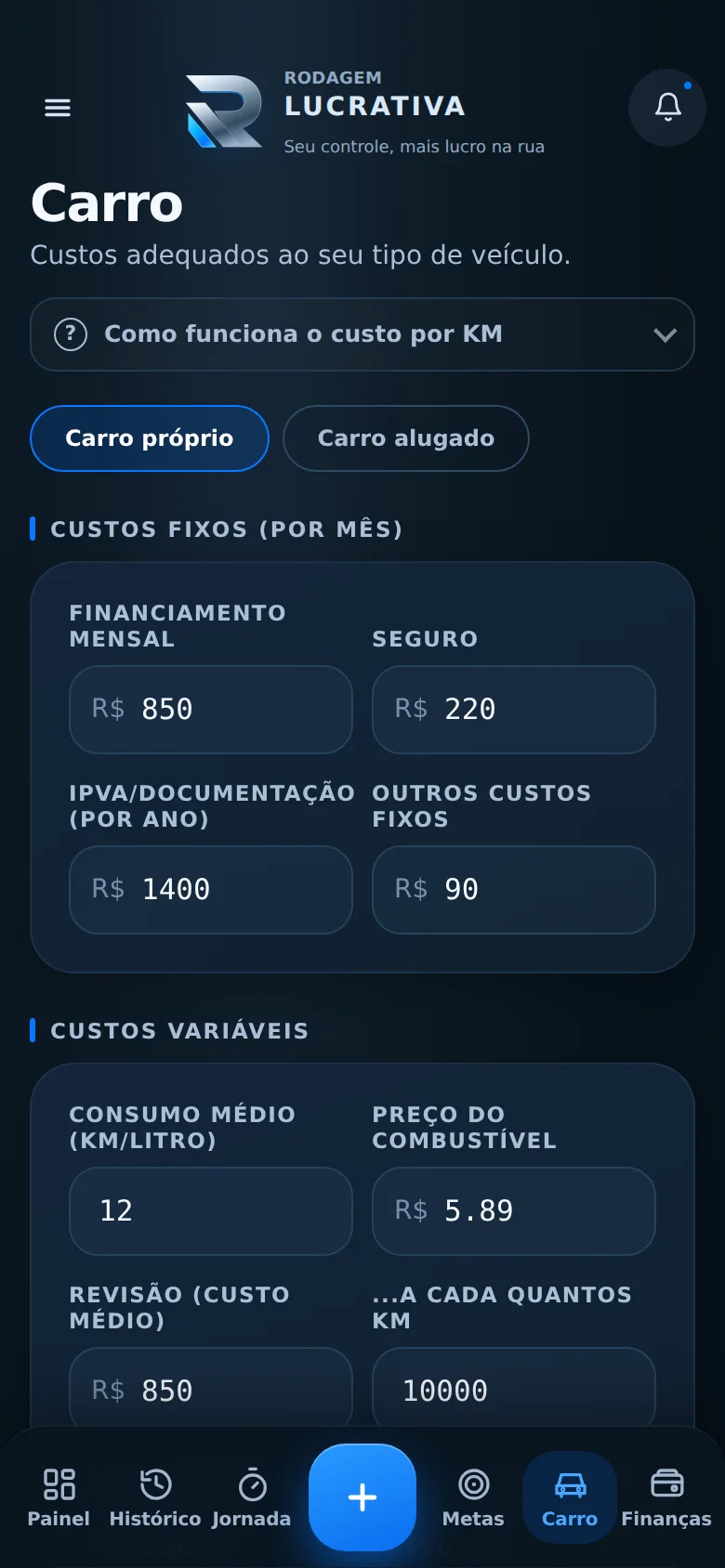 Tela do app: Informar o seu carro (faça uma vez)