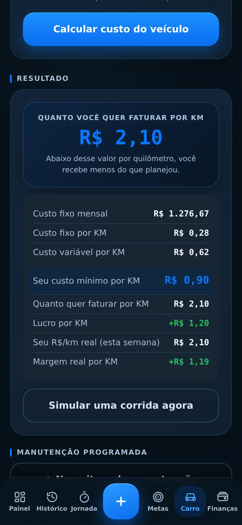 Tela do app: Entender o custo por km