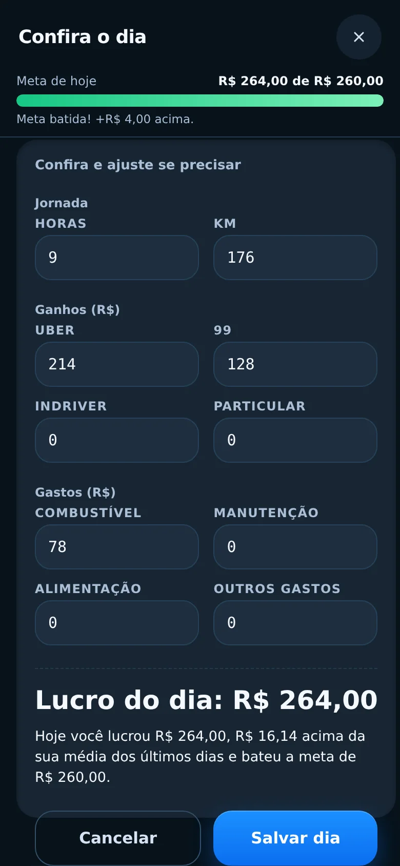 Tela do app: Conferir e salvar o resumo