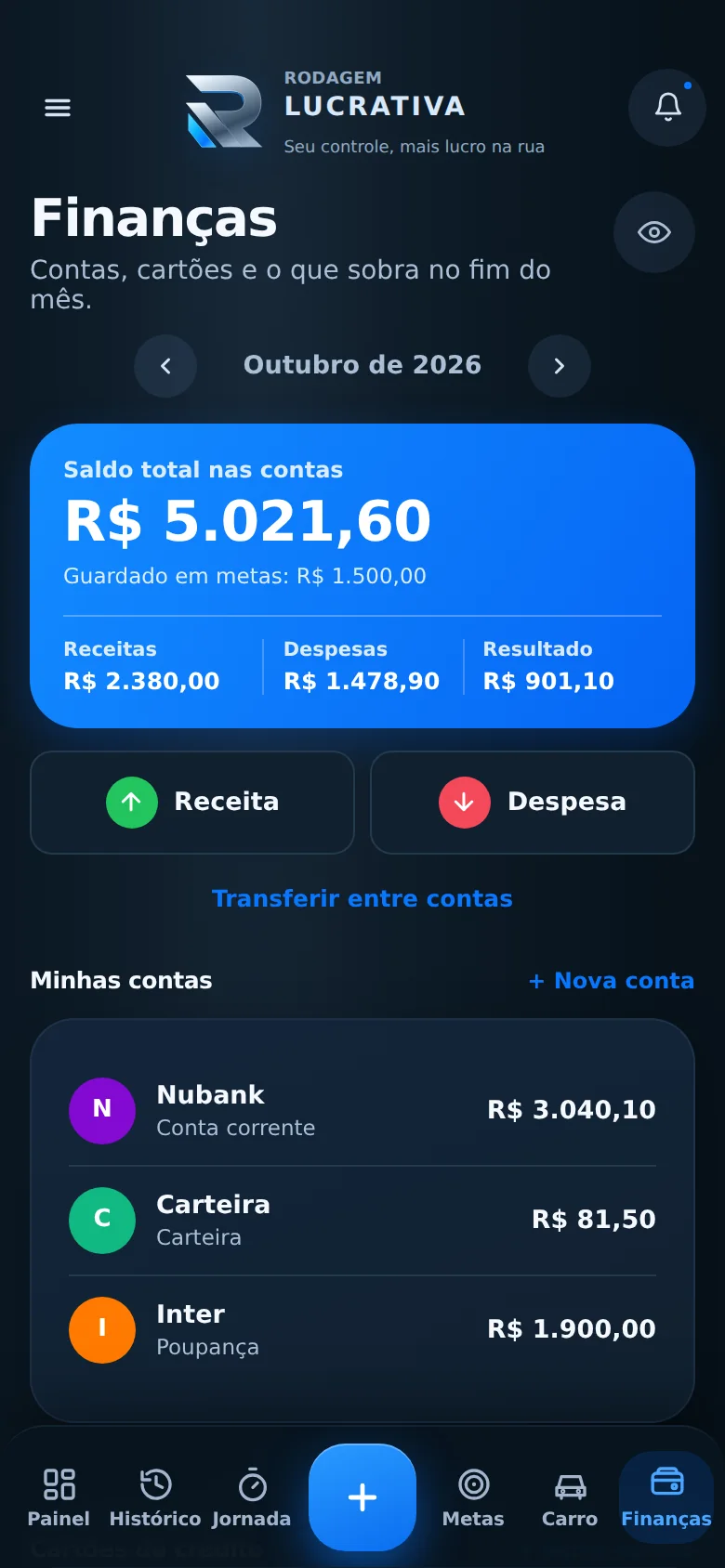 Tela do app: Cadastrar contas e cartões