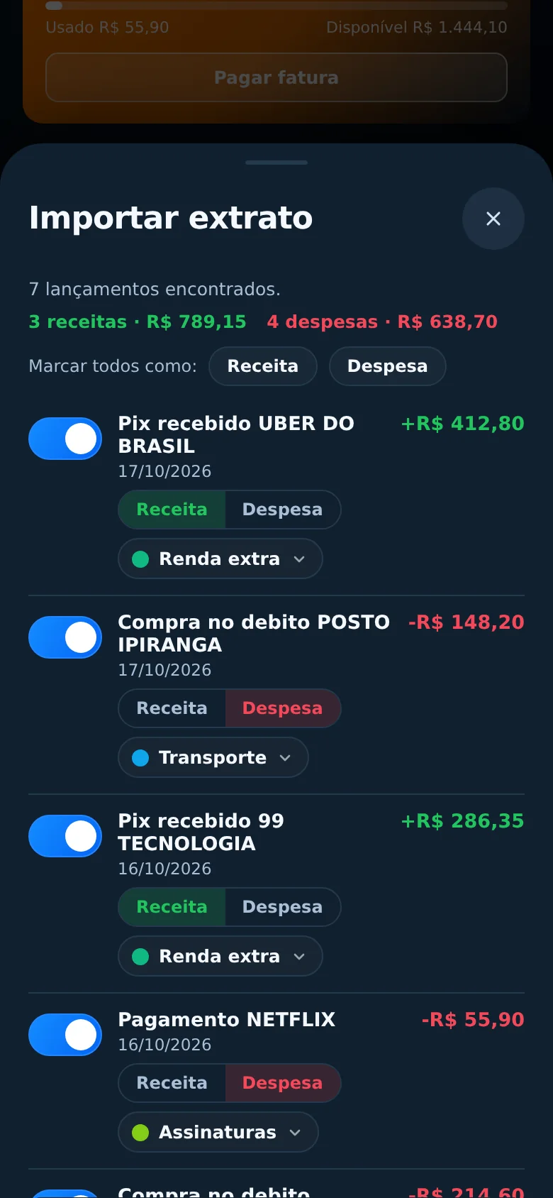 Tela do app: Importar o extrato do banco