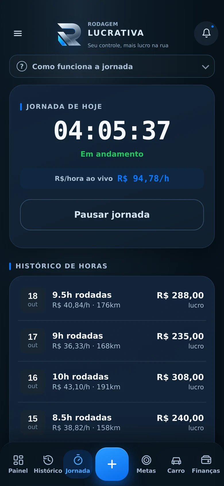 Tela do app: Iniciar, pausar e finalizar a jornada