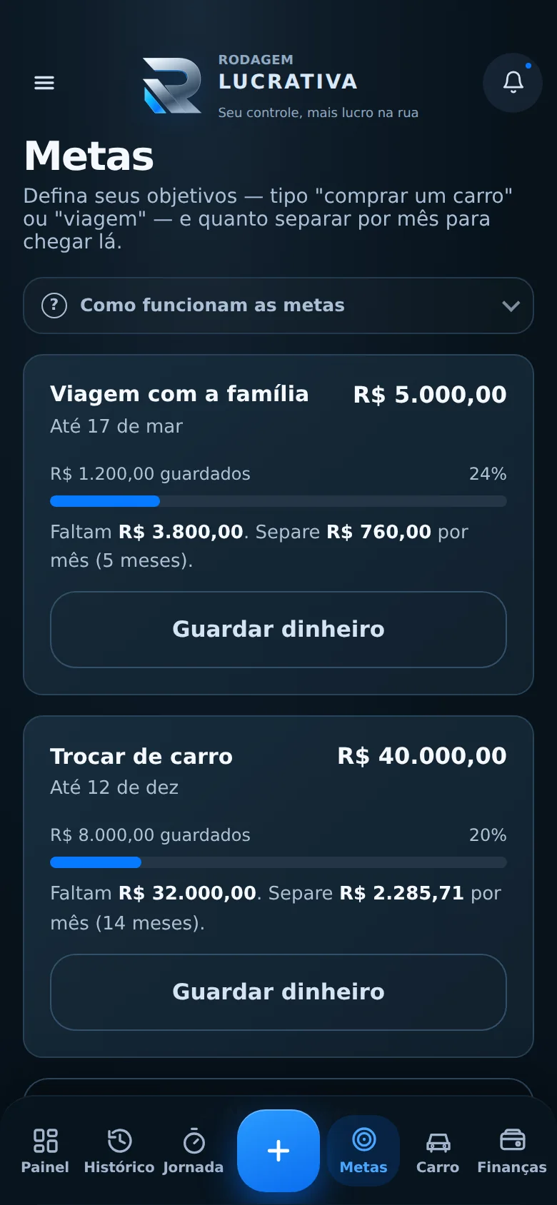 Tela do app: Criar um objetivo (trocar de carro, viajar)